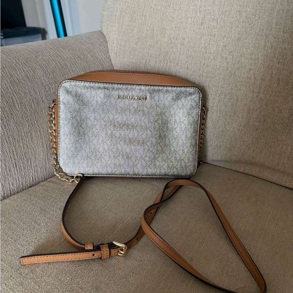Michael Kors Metallic Silver and Tan Crossbody Bag